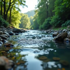 Fototapeta premium A serene river flows through a lush green forest