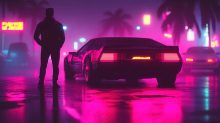 A silhouetted person stands near an illuminated retro sports car