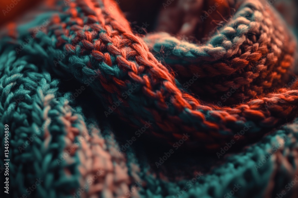 Poster A detailed view of a colorful knitted scarf with intricate patterns and textures