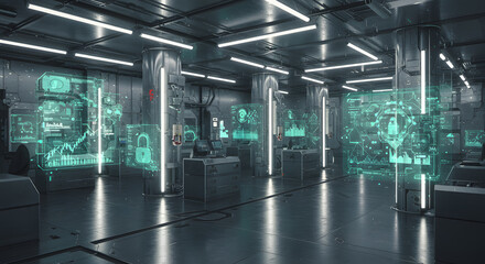 Futuristic Tech Lab: Holographic Data Analysis & Security Monitoring