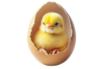 Adorable cute yellow chick emerging from cracked brown eggshell isolated on white transparent background. Symbolizing Easter, spring, and new beginnings