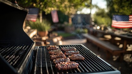 Barbecue food preparation, outdoor dining setup