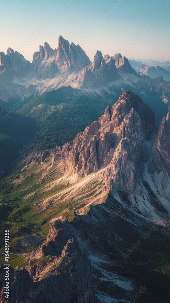 Poster aerial view of a mountain range with peaks and valleys