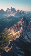Aerial view of a mountain range with peaks and valleys