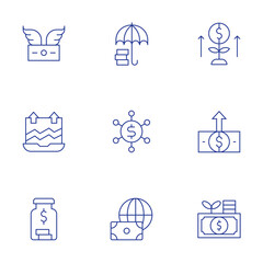 Investment icons set. Thin Line style, editable stroke. money, marketing, jar, growth, investing, investment, umbrella, division