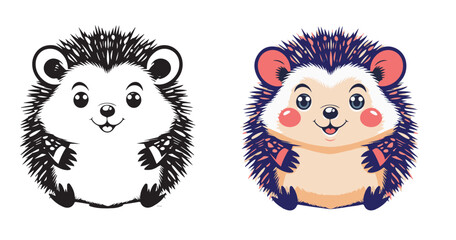 Adorable Hedgehog Characters, One in Line Art and One in Color, with Rosy Cheeks and Tiny Feet, Digital Art on Isolated White Background

