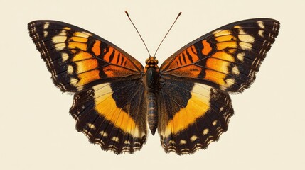 Fototapeta premium A colorful butterfly sits on a white background, showcasing its vibrant orange and black wings
