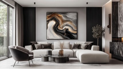 Modern Living Room with Abstract Gold and Black Wall Art