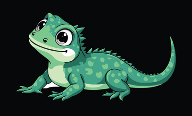 Adorable Teal Lizard Character with Spots and a Curled Tail, Digital Art on Isolated Black Background

