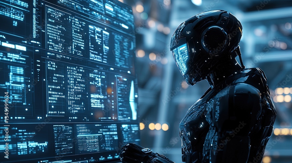 Poster high-tech humanoid robot interacting with digital data screen, professional business setting