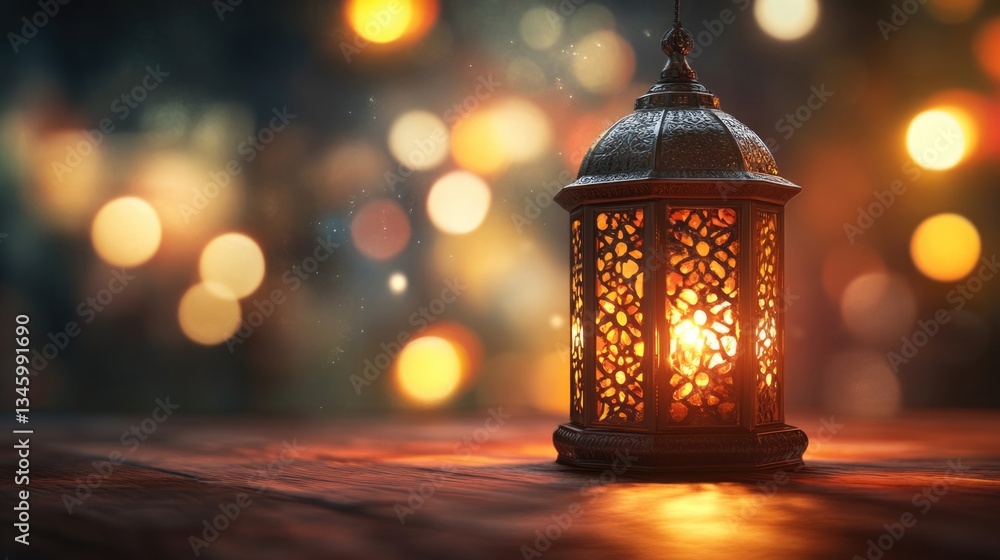 Poster a single lantern shines bright on a rustic wooden table in a cozy setting