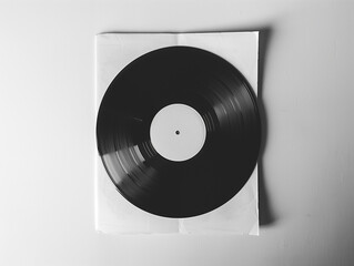 Obraz premium Vinyl Record Nostalgia: A classic black vinyl record sits in its protective sleeve, a symbol of vintage music, capturing the essence of sound and memory.