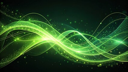 Abstract green wave light effect with glowing particles on dark background for futuristic digital design
Dynamic neon green flowing wave lines with sparkles and energy motion on black background