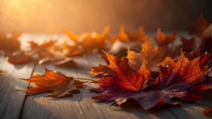Taupe and Amber Autumn: Scattered maple leaves in warm tones against a textured taupe backdrop with a faint wood-grain; soft, directional lighting and bokeh enhance the rustic, seasonal feel.