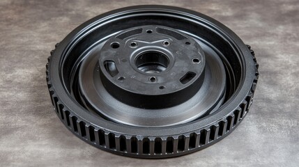 Obraz premium Close-up of a black automotive pulley system component on a textured surface.