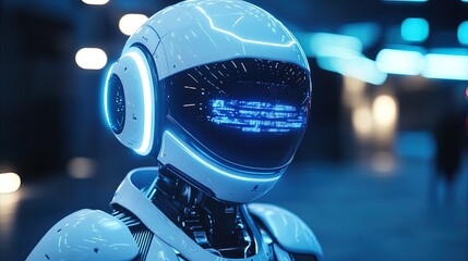 High-tech AI robot interacting with holographic interface, blue and white tones, detailed and futuristic  