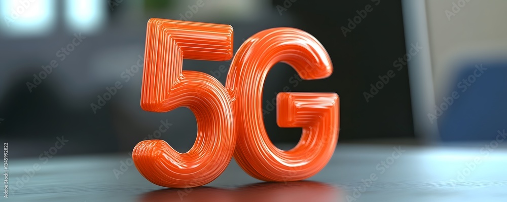 Poster orange 5g logo standing on a dark gray surface representing next generation wireless internet networ