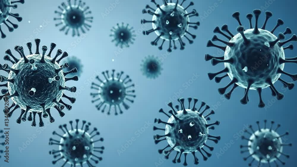 Poster microscopic view of multiple coronavirus particles floating on a blue gradient background