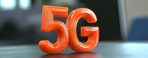 Orange 5g logo standing on a dark gray surface representing next generation wireless internet network