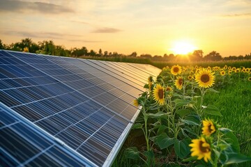 Solar Panel Farm with Sunflowers at Sunset, Embodying Sustainable Energy and Eco-Friendly Technology