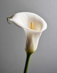 A minimalist shot of a single white calla lily against a plain background to represent refined beauty