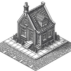Artistic engraving of a small rustic house and cobblestone street