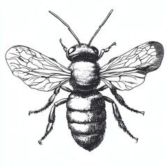 A black and white drawing of a bee with its wings spread out