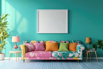 Modern teal living room with colorful sofa