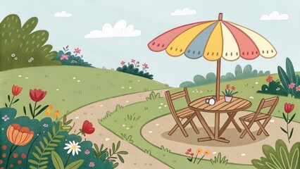 Fototapeta premium A wooden table and chairs with a parasol, set against a cartoon garden background.