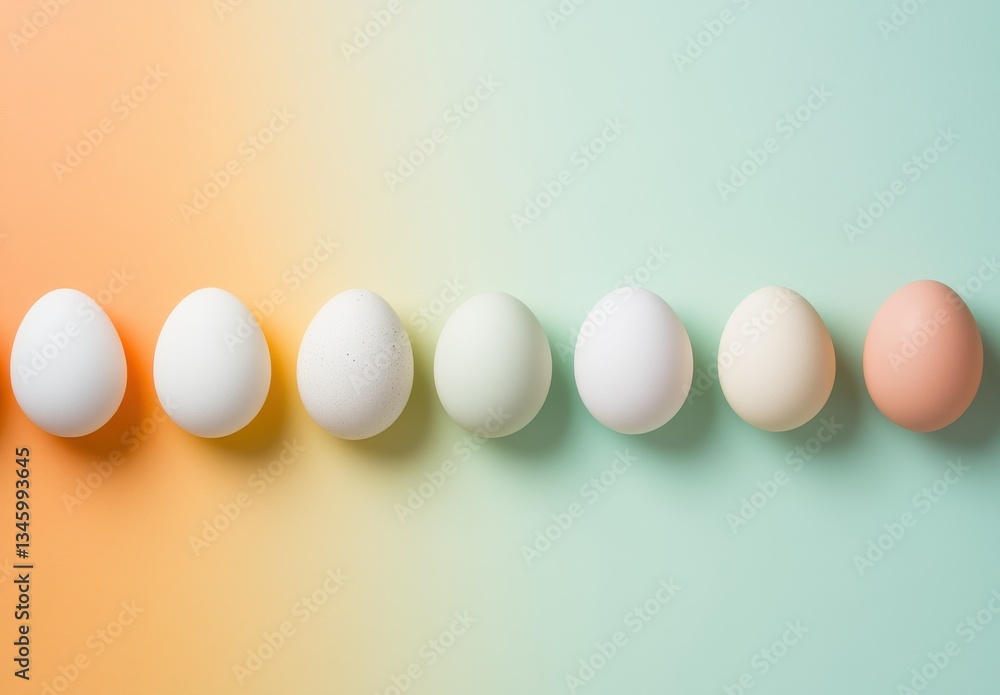 Poster a row of colorful eggs on a soft minimal background for easter or culinary themes, showcasing variet