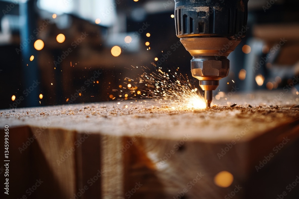 Poster a close-up view of a machine cutting a piece of wood, suitable for use in industrial or manufacturin