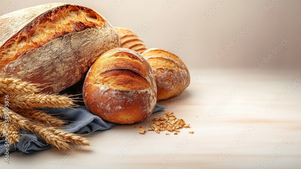 Aufkleber loaf of bread and two rolls sit on a table with some wheat on the table