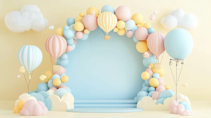 Pastel balloon arch with blank space for text.