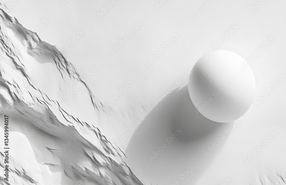 Poster abstract composition featuring a white sphere on a smooth surface with textured edges, showcasing mi