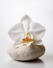 A white orchid resting on a smooth white stone to represent natural elegance and purity