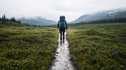 Obraz premium Person at the start of a hiking trail, ready to explore new terrain