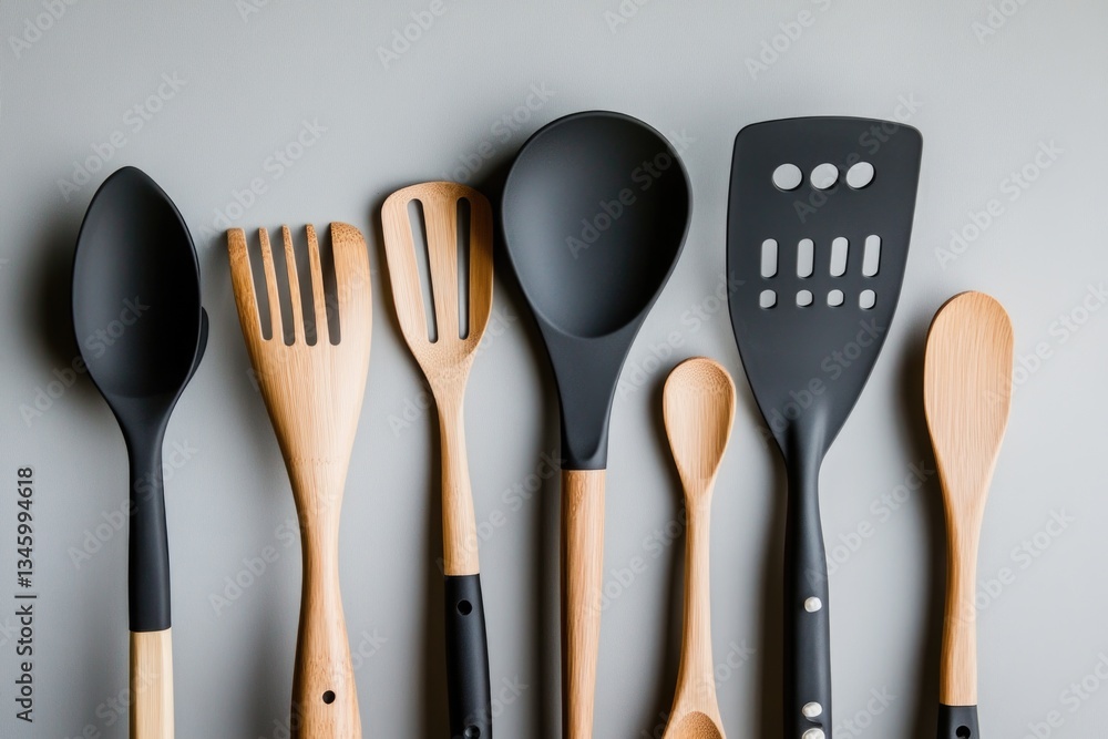 Poster a collection of wooden utensils arranged neatly on a wall, suitable for use in kitchen or dining int