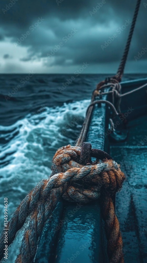 Poster a close-up view of a rope on a boat in the open ocean, useful for water or nautical themed projects