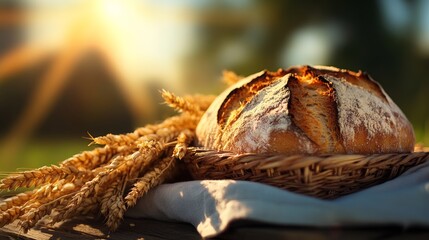 Loaf of bread sits on a table next to some wheat
