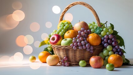 Bright and vibrant fruit basket with assorted fresh fruits on display during afternoon light