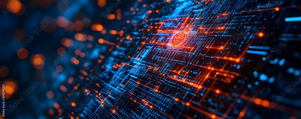Poster futuristic motherboard circuit with orange and blue lights processing data