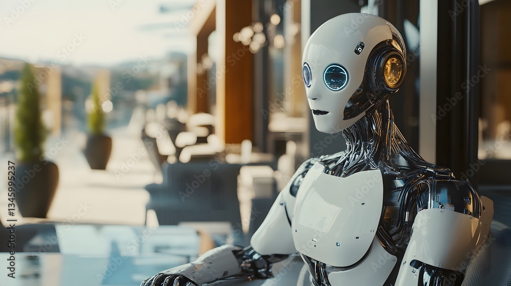 Poster futuristic android relaxing in modern cafe, enjoying scenic view
