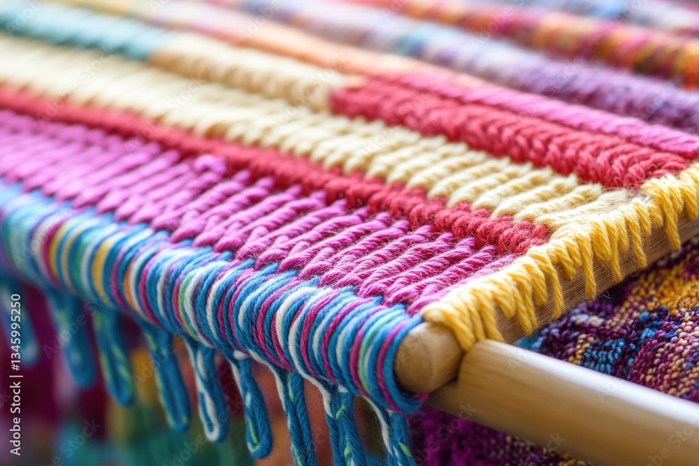 Poster A detailed view of a handloom with threads and yarns, ideal for textile-related projects or crafts