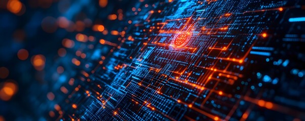 Futuristic motherboard circuit with orange and blue lights processing data