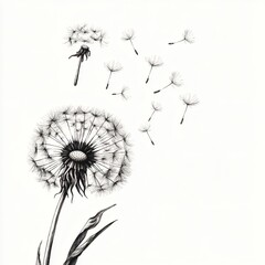 A black and white drawing of a dandelion with a few seeds flying off of it