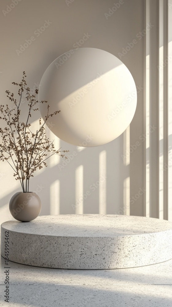 Poster Sunlight streams through large windows, casting playful shadows on a smooth, round table topped with a minimal vase holding delicate branches, creating a calming and stylish ambiance