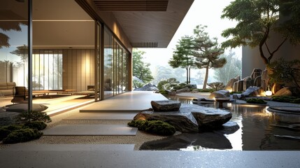 Fototapeta premium Modern Minimalist Home with Tranquil Zen Garden