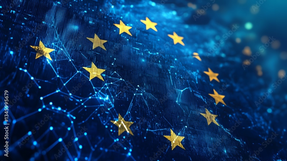 Aufkleber european union flag waving in cyberspace representing global connection