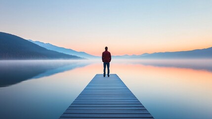 Person standing on a dock, looking out at a calm lake at sunrise, symbolizing a new beginning