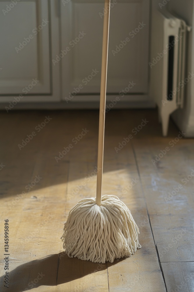 Poster a mop resting on a hardwood floor surface, ideal for use in cleaning and organization scenes